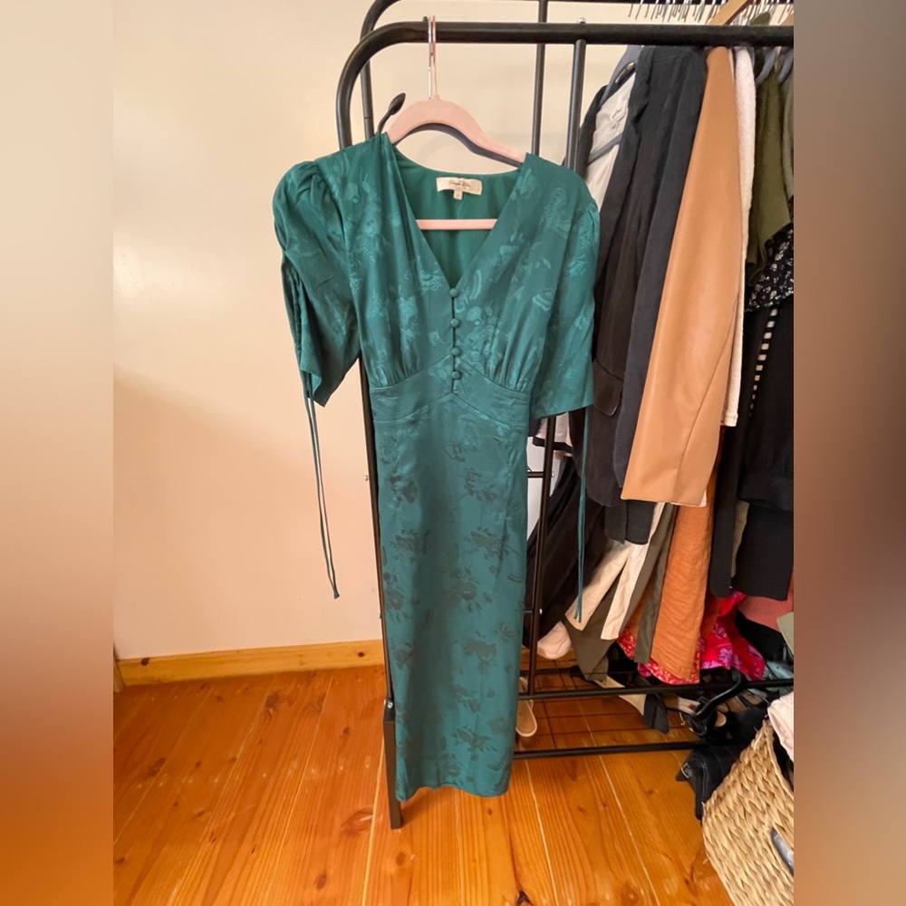 Kora Retro Floral Jacquard Dark Green Tea Length Dress (M/L/6/8/10)